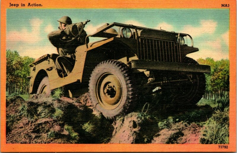 Vtg Linen Postcard - Tichnor Military Action Series - Jeep In Action - Unused