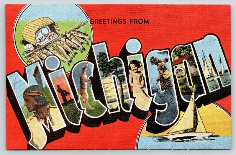 Michigan~State Large Letter Linen Postcard~Trout Fish Basket~Deer~Sailboat~1940s