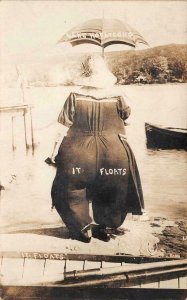 RPPC WOMAN UMBRELLA IT FLOATS LAKE HOPATCONG NEW JERSEY REAL PHOTO POSTCARD 1909