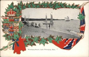 Winnipeg Manitoba Lake Beach Scene Patriotic Flag & Shield Border Postcard