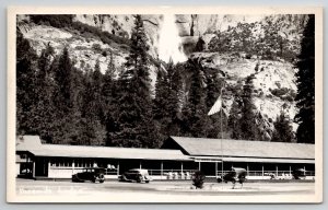 CA Yosemite Lodge Old Cars American Flag RPPC Postcard W25