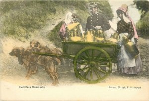 Early Hand-Colored Postcard Working Dogs Pull Milk Cart, Policeman Checks Permit