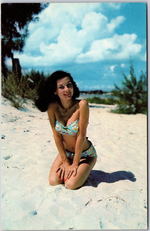 Sunbather Sexy Lady Bathing Beach Color Photograph By H.W. Hannau Postcard 