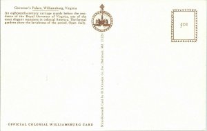 Governor’s Palace Williamsburg Virginia Carriage Royal Mansion Garden Postcard 