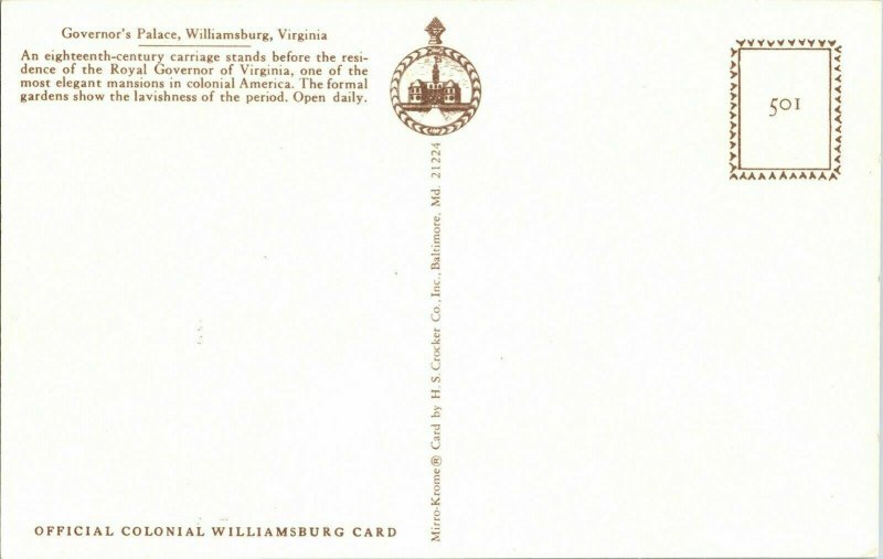 Governor’s Palace Williamsburg Virginia Carriage Royal Mansion Garden Postcard 