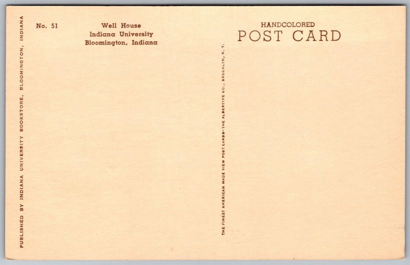 Vtg Bloomington IN Well House Indiana University Albertype Hand Colored Postcard