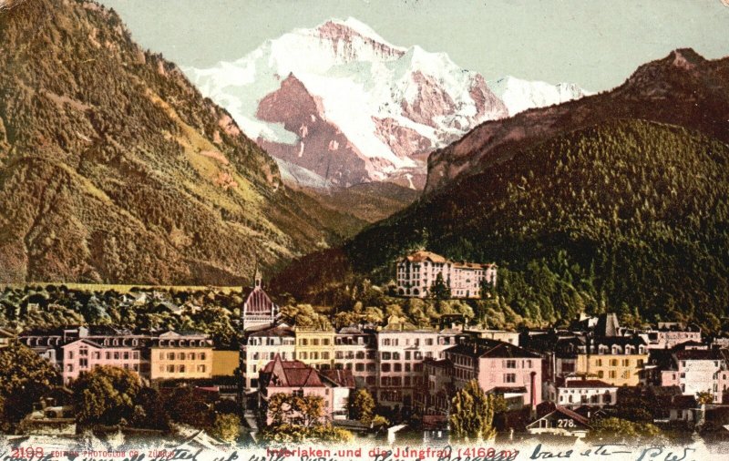 Vintage Postcard 1910's Interlaken und die Jungfrau Highest Prominent Mountains