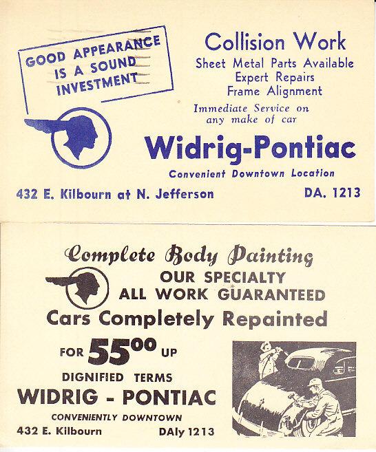  Postal Cards Ad Mailer from Pontiac  Body Shop 1940's