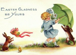 1910 Adorable Girl Brown Easter Bunny Rabbits Anthropomorphic Postcard P92