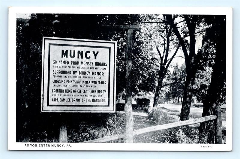 Postcard PA Muncy Sign As You Enter Muncy Historical Info I14