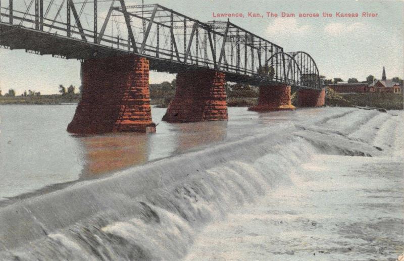 LAWRENCE KANSAS~THE DAM ACROSS THE KANSAS RIVER~C W METTNER PUBL POSTCARD 1910s