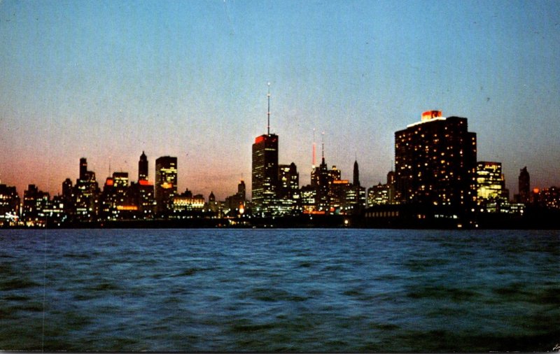 Illinois Chicago Skyline At Night From Breakwater Off Monroe Street 1969