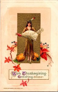 Vintage 1914 Schmucker Indian Winsch Girl  & Large Turkey Thanksgiving Postcard