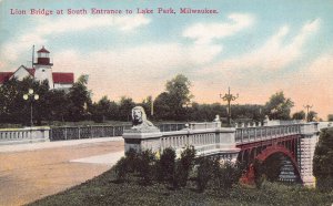 Lion Bridge at South Entrance to Lake Park, Milwaukee, Early Postcard, Unused