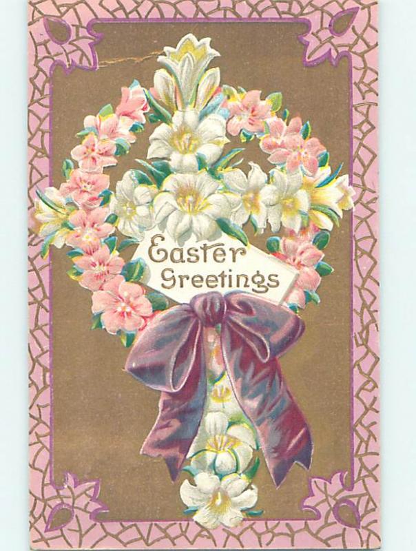 1909 Easter CROSS OF WHITE FLOWERS WITH PINK FLOWER WREATH & RIBBON o5953