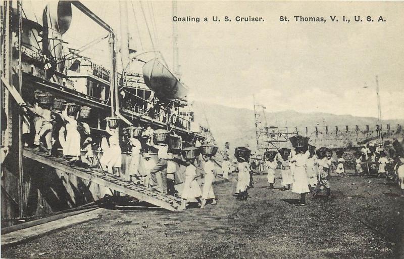 c1920 Lithograph Postcard St. Thomas US Virgin Islands Natives Coaling a US Ship