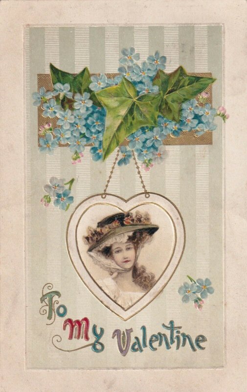 VALENTINE'S DAY, PU-1910; Portrait of Woman on heart shaped pendant, Flowers