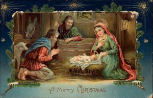 EAS Christmas Mary Joseph Baby Jesus Nativity c1910 Gel Vintage Postcard