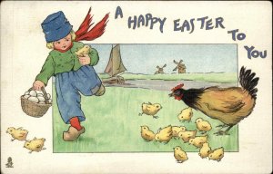 Tuck Dutch Children Little Boy with Chicks Basket of Eggs Vintage Postcard