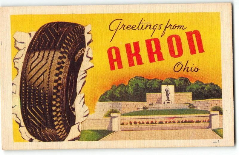 Greetings from AKRON, OHIO - harder to find Postcard by Dexter - Large Tire