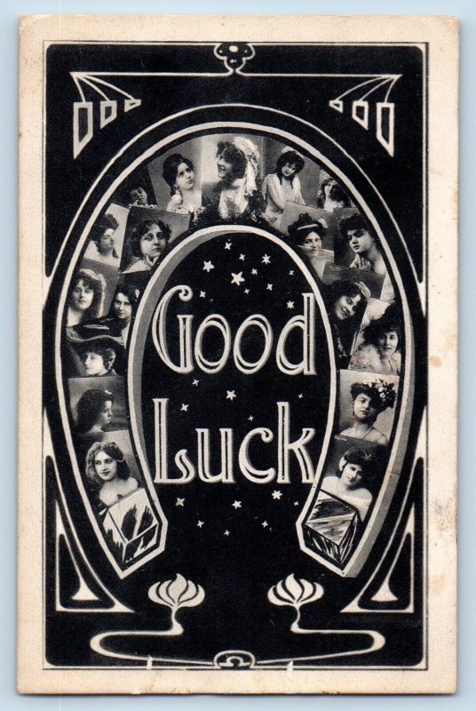 Davenport Iowa IA Postcard Good Luck Horseshoe Pretty Woman Art Nouveau 1908