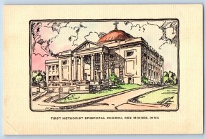 Des Moines Iowa IA Postcard First Methodist Episcopal Church Sketch 1940 Vintage