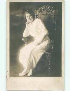 Pre-1918 rppc GIRL POSES IN CHAIR Studio In Toledo Ohio OH i9314
