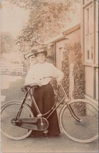 Woman w/ Hat Bike Bicycle RPPC Real Photo Postcard E35