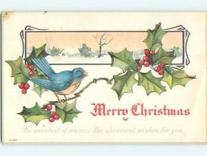 Pre-Linen christmas BEAUTIFUL BLUEBIRD BIRD ON HOLY BRANCH hr2724