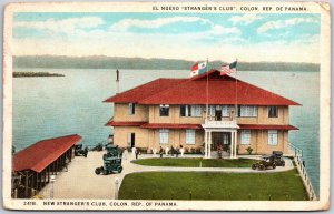 1928 El Nuevo Stranger's Club Colon Rep. De Panama Building Flag Posted Postcard