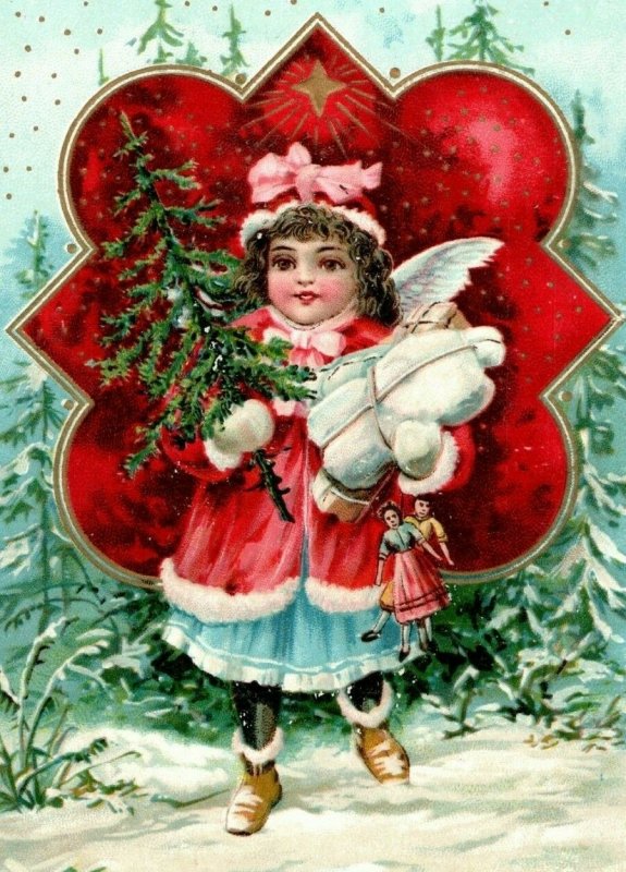 Circa 1910 Fabulous Angel Christmas Tree Package Dolls Snow Gorgeous Wings P15