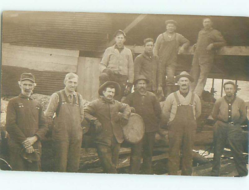 rppc c1910 Forestry CUT LOGS BESIDE SAWMILL WORKERS AC8754