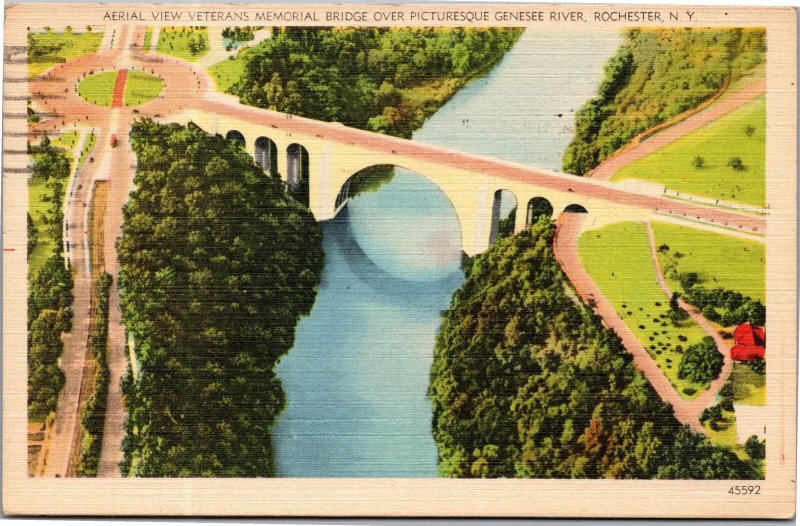 Postcard NY Rochester Aerial View Veterans memorial Bridge over Genesee River