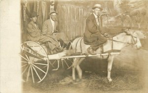 1919 Studio Photo RPPC Postcard; Men on Donkey Cart, Iowa State Fair, Pennants