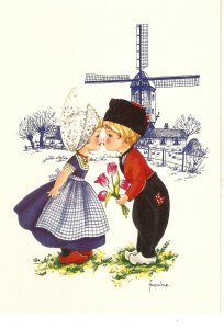 Dutch couple  Romance with roses. Windmill Nice modern Dutch art postcard