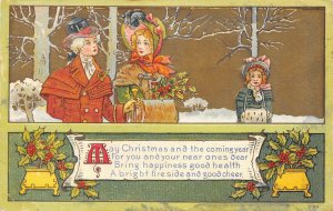 Christmas Greetings, Victorian Couple, Holly Berries 1915 Vintage Postcard