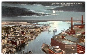 1910's PROVIDENCE RHODE ISLAND RIVER HARBOR AT NIGHT MOONLIGHT POSTCARD