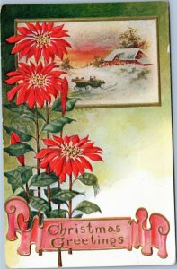 Christmas Greetings -embossed poinsettias with car driving to farm house