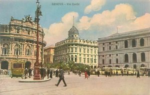 Italy, Genova Via Dante People, Trolleys, Streetcars Pre-Linen Postcard