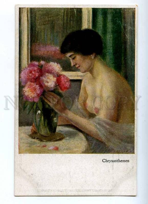 187393 NUDE Woman Chrysanthemums Vintage ART NOUVEAU PC