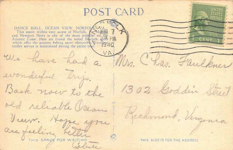 NORFOLK VIRGINIA~OCEAN VIEW PARK-DANCE HALL~1940 POSTCARD