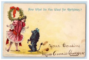 1906 Merry Christmas Poodle Dog Write Away Wheat Girl Dressed Pink Postcard