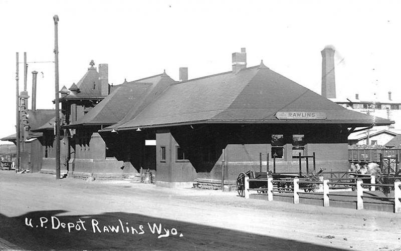 Rawlins WY Union Pacific Railroad Station Train Depot RPPC Postcard