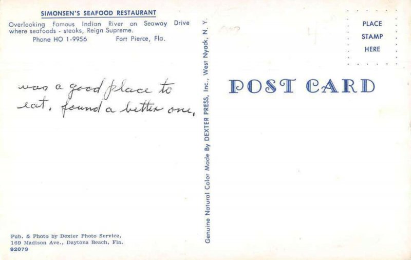 Fort Pierce Florida Simonsen's Seafood Restaurant Vintage Postcard AA22990