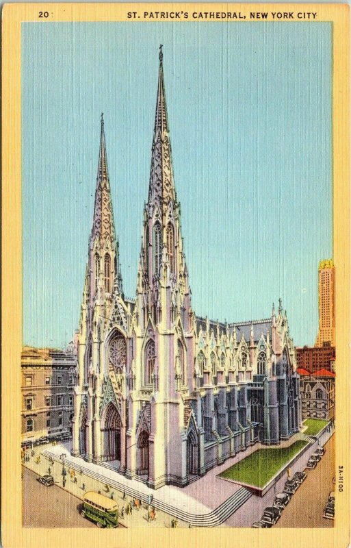 St Patricks Cathedral New York City NYC Vintage Linen Postcard Trolley Catholic 