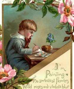 1882 Victorian Valentine's Card Adorable Boy Writing Poem Butterflies #5D
