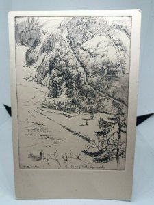 Countisbury Hill Lynmouth Devon Vtg Art Etching Drawing Postcard by M Oliver Rae