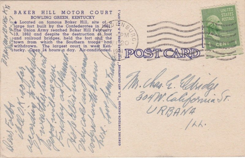 Kentucky Bowling Green Baker Hill Motor Court 1951 Curteich sk2159