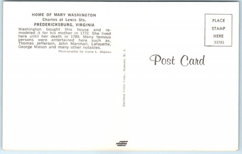 Postcard - Home Of Mary Washington - Fredericksburg, Virginia