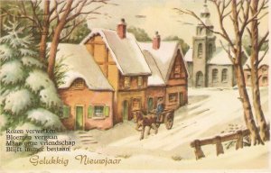Horse carriage in a snowy village Vintage Dutch Christmas postcard 1950s